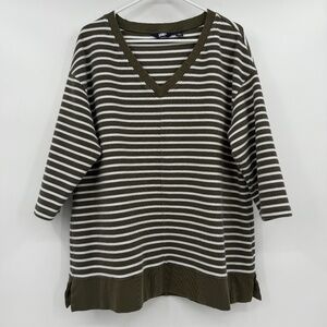 Lands End Top Women 1X Green Striped Waffle Knit V Neck 3/4 Sleeves Pullover